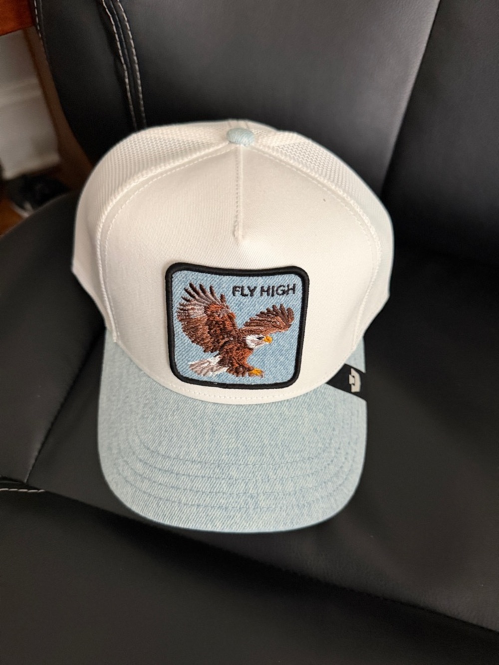Fly High Eagle Embroidered White & Light Blue Trucker Hat
